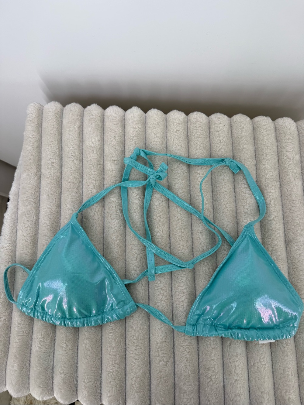 Turquoise Gloss Triangle Bikini Top - Women Swim L